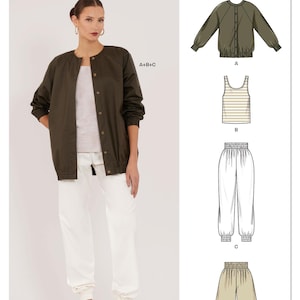May include: New Look sewing pattern N6830 featuring a dark olive green bomber jacket with a round neckline and button front, a striped tank top, and white jogger pants with elasticized cuffs and waistband, plus a pair of matching shorts.