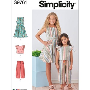 May include: Simplicity sewing pattern S9761 for girls' dresses and tops. The pattern includes three styles: a sleeveless dress with a button-up front, a short-sleeved top with ruffles, and a pair of pants with an elastic waistband.