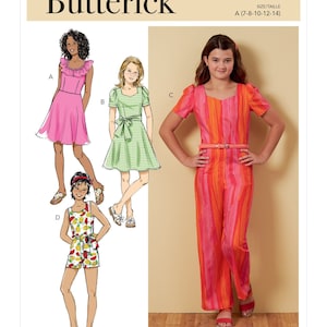 May include: A sewing pattern for girls' clothing, featuring four different styles: a pink ruffled dress, a green gingham dress, a striped jumpsuit, and a fruit-print jumpsuit. The pattern is for sizes 7-8, 10-12, and 14. The pattern is from Butterick and has the number B6888.