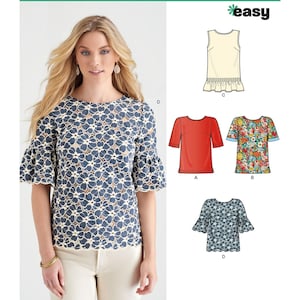 May include: A sewing pattern for a women's top with four different variations. The pattern is from New Look and is labeled "easy". The pattern number is 6434.