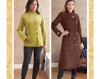 May include: A sewing pattern for a women's coat. The pattern includes two styles: a shorter jacket with a mandarin collar and a longer coat with a belt. The pattern is for sizes 8-16.