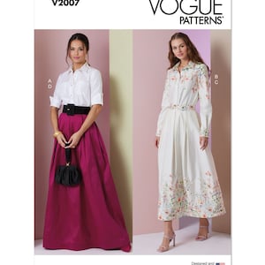 May include: Vogue Patterns sewing pattern V2007 for a long-sleeved shirt and a skirt. The shirt has a collar and buttons down the front. The skirt is a-line and has a waistband. The model on the left is wearing a white shirt and a magenta skirt. The model on the right is wearing a white shirt with a floral print and a white skirt.