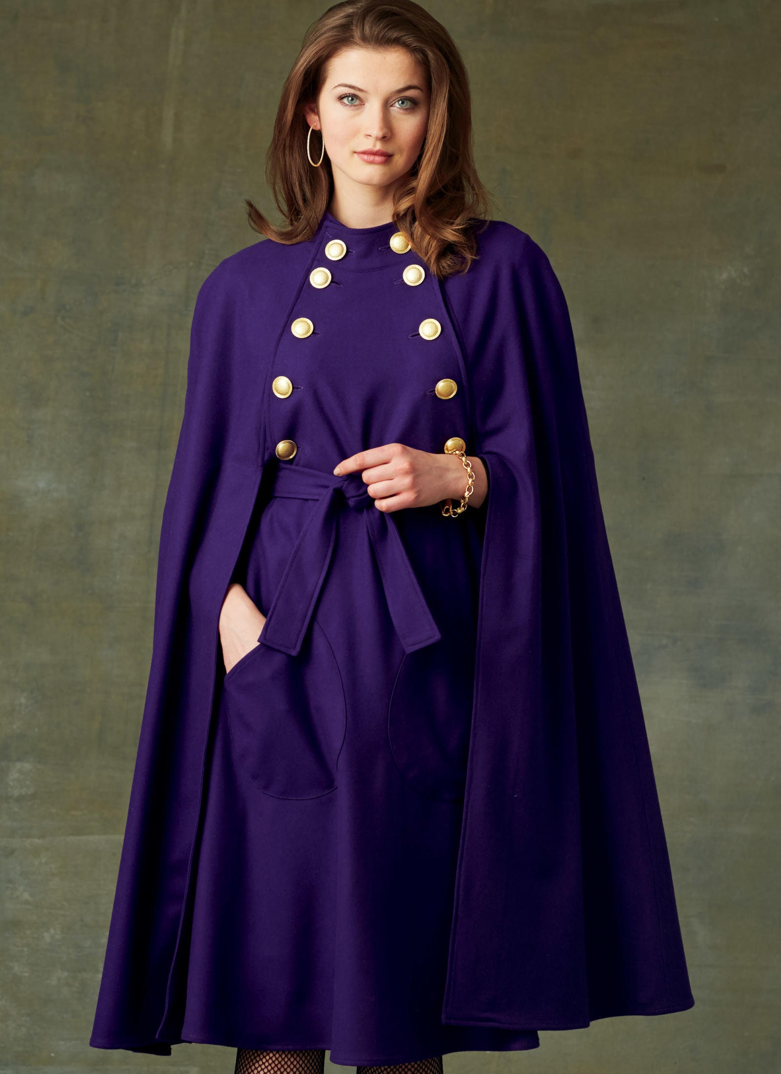 Misses Cape With High Collar, Pockets, and Belt Vogue Sewing