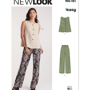 May include: A woman models a beige sleeveless top with large buttons and floral print pants. The pattern includes a sleeveless top and wide-leg pants. The New Look pattern is labeled "easy" and designed and printed in the USA.