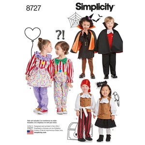 May include: Simplicity pattern 8727 featuring children's Halloween costumes. The costumes include a clown, witch, vampire, and pirate. The clown costume has a polka dot skirt and striped pants. The witch has an orange and black cape. The vampire has a black cape and red vest.