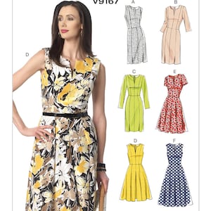 May include: A sewing pattern for a dress with six different style options. The pattern is called Vogue Easy Options V9167 and is for A, B, C, D cup sizes. The dress is sleeveless and has a V-neckline. The pattern includes a floral print, a checkered print, a solid green, a solid yellow, a red and white print, and a blue and white polka dot print.