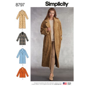 May include: A woman wearing a long, brown, textured coat. The image also shows illustrations of coat patterns in tan, plaid, light blue, and orange. The Simplicity logo and the number 8797 are visible in the image.