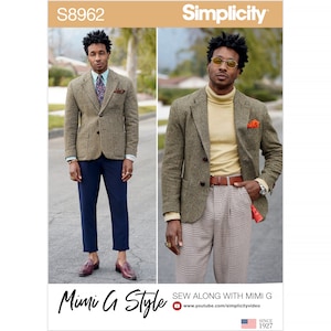 May include: A Simplicity sewing pattern for a blazer, featuring a model wearing a green tweed blazer with a yellow turtleneck and plaid pants. The pattern number is S8962 and the text "Mimi G Style" is featured on the bottom of the image. The text "Sew Along with Mimi G" is also featured on the image with a link to a YouTube video.