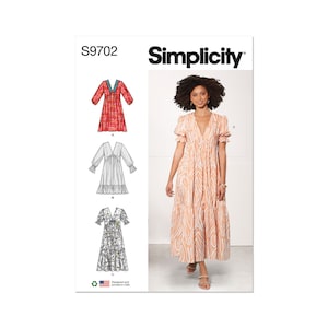 May include: Simplicity sewing pattern S9702 featuring three dress designs. The pattern includes a long, tiered dress with a V-neck and short sleeves in a zebra print. The Simplicity logo is in black.