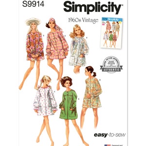 May include: Simplicity sewing pattern number S9914, a vintage 1960s pattern for a dress with different floral and geometric prints. The pattern includes additional size options and cutting layouts. The pattern is labeled "easy-to-sew" and "authentic".