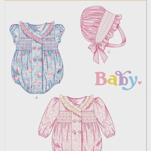 May include: Butterick baby clothing pattern featuring a short-sleeved romper with a floral print, a long-sleeved romper, and a bonnet. The word "Baby" is written in pastel colors. The pattern is designed and printed in the USA.