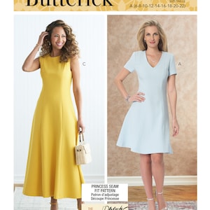 May include: A sewing pattern for two dresses, one yellow and one light blue. The pattern is called "Butterick B6850" and includes sizes 6-22. The pattern is for a princess seam fit and includes instructions for a tissue fitting method.