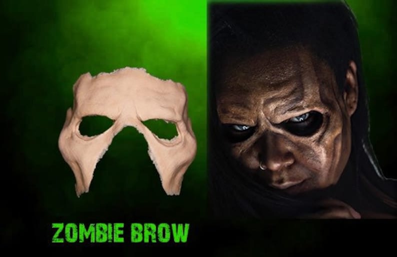 May include: A prosthetic zombie brow mask with a realistic skin tone, next to a person with zombie makeup. The text "ZOMBIE BROW" is displayed in green at the bottom of the image. The background is a gradient of green and black.