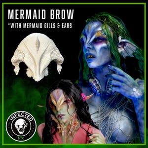 May include: A white mermaid brow prosthetic with a textured surface. The prosthetic is designed to be used for special effects makeup. The image also shows a model wearing a blue mermaid costume with green hair and gills. The text "MERMAID BROW *WITH MERMAID GILLS & EARS" is visible at the top of the image.