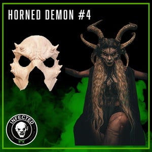 May include: A beige, textured prosthetic mask with small horn-like protrusions and eye cutouts, labeled HORNED DEMON #4. Beside it, a figure wears a detailed demon costume with large, curved horns, long blonde hair, and a black garment.