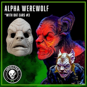 May include: Three werewolf masks with bat ears. The masks are made of a light gray material and have a realistic appearance. The masks are labeled "Alpha Werewolf *With Bat Ears #3".