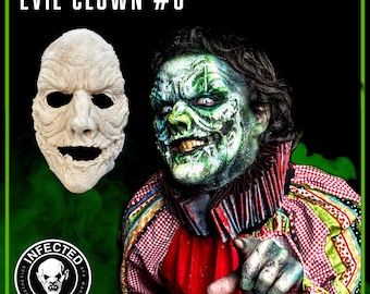 Peut inclure: Un gros plan d'un masque de clown effrayant avec un maquillage vert et blanc. Le masque est porté par une personne avec une chemise à carreaux rouge et blanc et un col à volants rouge et blanc. Le texte "EVIL CLOWN #6" est en haut de l'image.