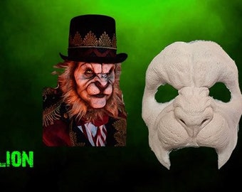 May include: A close-up of a lion face mask for cosplay or Halloween. The mask is made of a light-colored material and has a realistic texture. The mask is shown next to a person wearing a lion costume with a top hat.