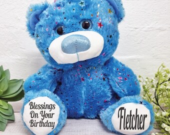 Personalised hollywood birthday bear 30cm plush - blue - made to order custom...