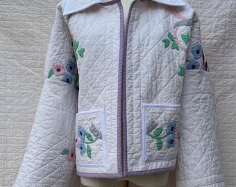 Vintage Quilt Appliquéd Drop Shoulder Wide Sleeved Jacket - Cottage Coat