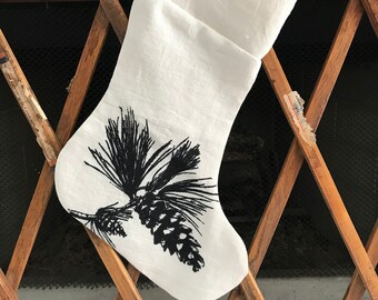 Pine Cone Black and White Linen Farmhouse Christmas Stocking