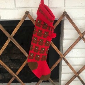 Vintage Dept. 56 Knit Stocking - Teddy Bear Knit Stocking - Pom Pom Vintage Holiday Christmas Stocking