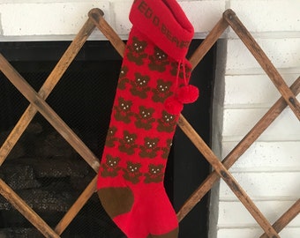 Vintage Dept. 56 Teddy Bear Knit Pom Pom Christmas Holiday Stocking