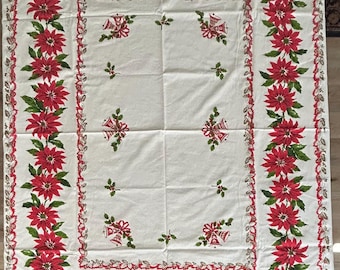 Vintage Christmas Holiday Poinsettia Bells and Holly Berry Tablecloth