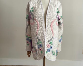 Vintage Quilt Jacket Coat Blazer with Appliquéd Iris
