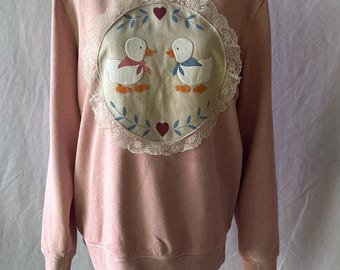 Vintage Geese with Lace Appliquéd Crewneck Sweatshirt