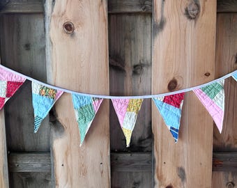 Multicolored Fabric Garland - Vintage Quilt Pennant Banner
