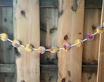 Yellow and Multicolored Fabric Banner - Vintage Quilt Round Garland