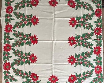 Vintage Christmas Holiday Poinsettia Holly Berry Tablecloth
