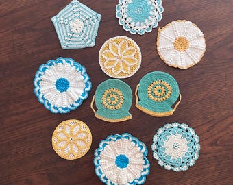 Vintage Yellow Green and Blue Crocheted Potholder Trivets