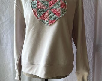 Antique Quilt Green and Pink Heart Patchwork Appliquéd Crewneck Sweatshirt