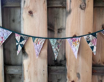 Multicolored Fabric Garland - Vintage Quilt Pennant Banner