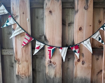 Red and Green Fabric Garland - Vintage Quilt Pennant Banner