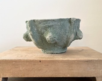 Bara Bowl | 7.5" Gray Green Beige Patina Paper Mâché Bowl | Vintage Style Rustic Pulp Bowl
