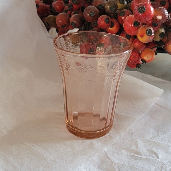 Vintage Janette Glass Co Pink Depression Glass Cherry Blossom 3 1/2" - 4 Oz. Juice glass  (J)