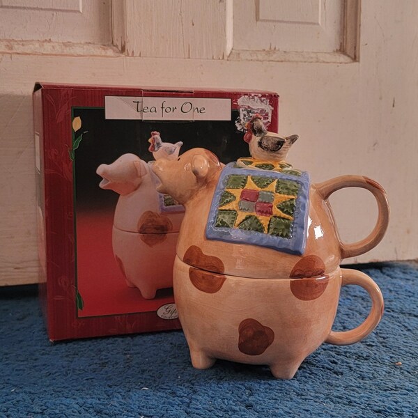 Ceramic Cow Tea For One Stacking Teapot and Cup, Original Box (J)
