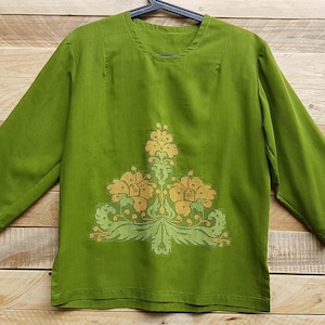 Embroidered olive green blouse, vintage 60s blouse
