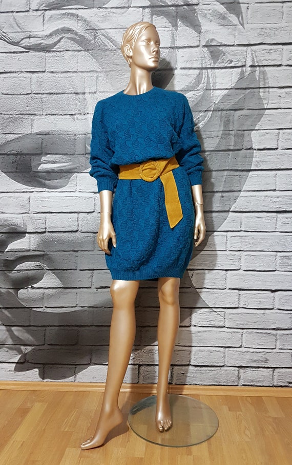 Teal blue sweater dress, hand knit