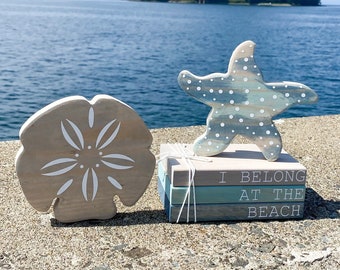 Beach Themed Decor - Beach Themed Books - Sand Dollar - Starfish - Beach Decor - Faux Wooden Books - Stacked Books