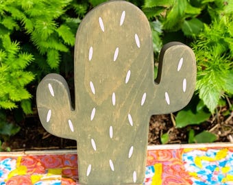 Sage Green Wooden Cactus Decor - Desert Saguaro, 6 Inch