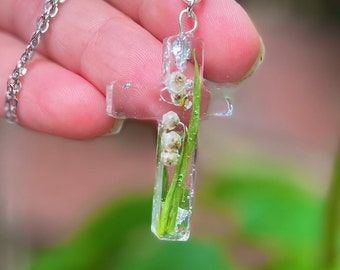 Lily of the Valley Cross Pendant Necklace: May Birth Flower Resin Jewelry Personalized with Birthstone