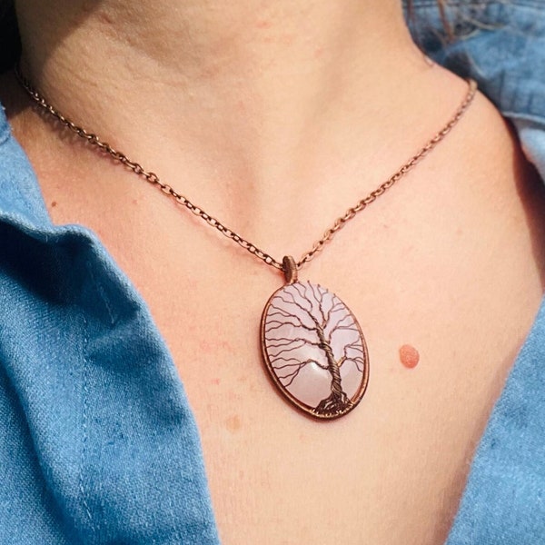 Rose quartz necklace Personalized copper wire wrapped Tree of Life Pendant Custom Initial birthstone jewelry birthday gift for mom grandma