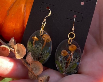 Cute real Mushroom earrings gold silver fairy dangle botanical earrings unique holiday gift for her handmade wanderlust jewelry for sister
