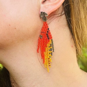 Unique handmade earrings, Burnt orange gold statement earrings, Leaf stud earrings big, Long seed beaded Fringe earrings, jewelry for her image 2