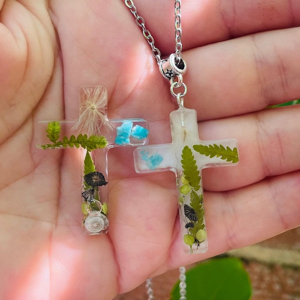 Nature Inspired Silver Chain Cross Pendant Necklace with Real Mushrooms Fern Resin Birthstone Personalized  Cottage Core Jewelry for men mom