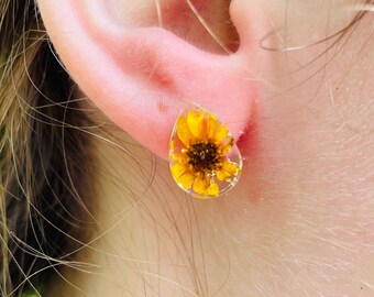 Real Sunflower Drop Stud Earrings Resin August Birth Flower Gift Idea for Flower Girl Bridesmaid Minimalist Sunflower Wedding jewelry set